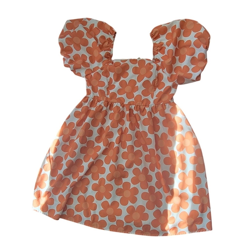 BIBI Orange White Floral Puff Sleeve Mini Dress Square Neck Babydoll S - Picture 2 of 4